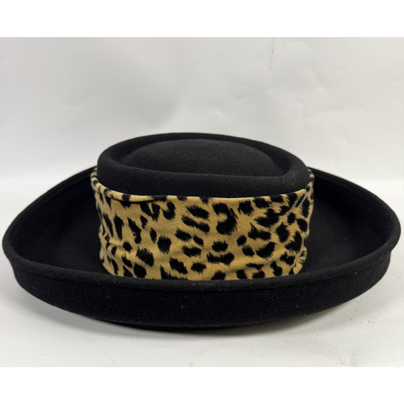 Vintage Whittall & Shon Leopard Print Band 100% Doeskin Wool Black Cowboy Hat